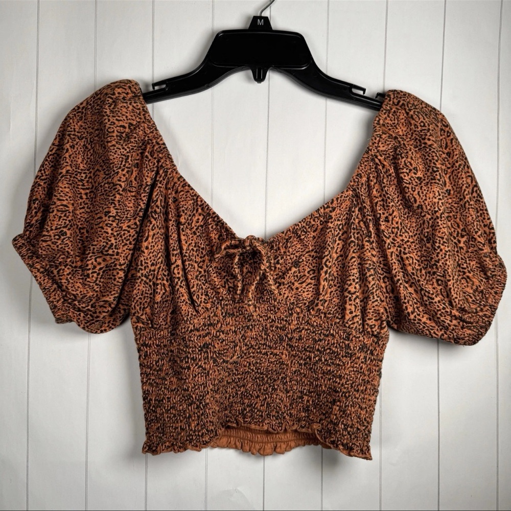 Billabong 100% Cotton Leopard Print Crop Top Smocked Puff Sleeve‎ Boho Summer M